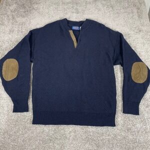 Vintage Pendleton Wool Sweater Mens Large Elbow Patches Henley USA Navy (Tag XL)